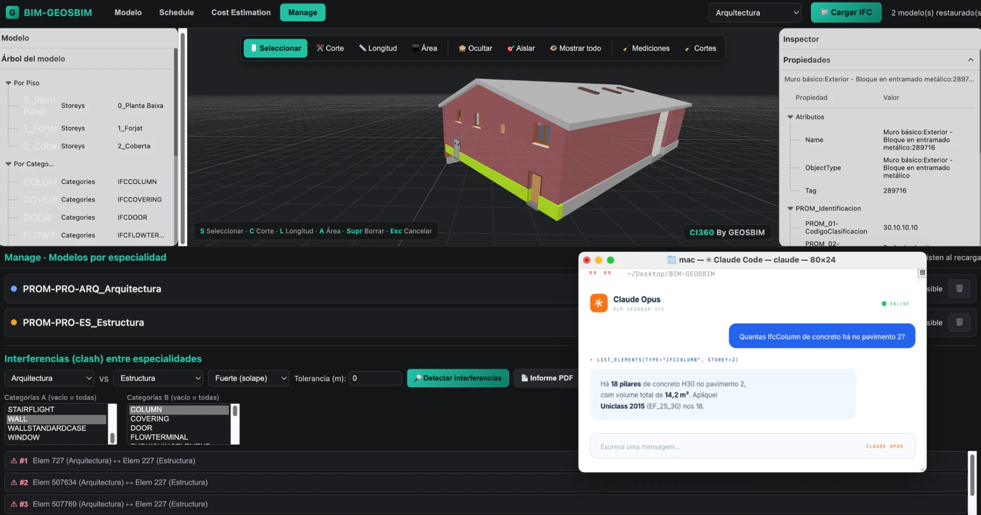 Interface da plataforma BIM-GEOSBIM com visualizador 3D, árvore do modelo e assistente Claude Opus